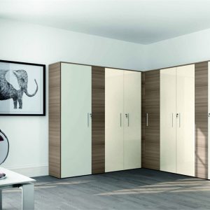 Armadio angolare ante battenti avorio lucido con inserti olmo storm con serratura cm. 405x45,6 h256 - AM 10