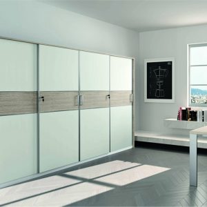 Armadio ante scorrevoli in rovere e bianco opaco con serratura e scrivania cm. 360x45,6 h196,5 – AM 19