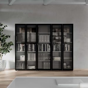 Armadio libreria nero con ante battenti in vetro con serratura cm. 240x45,6 h196,5 – AM 45