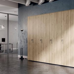 Armadio ante battenti per archivio documenti in ciliegio nordico con vani a giorno e serrature cm. 240x45,6 h230,4 - AM 47