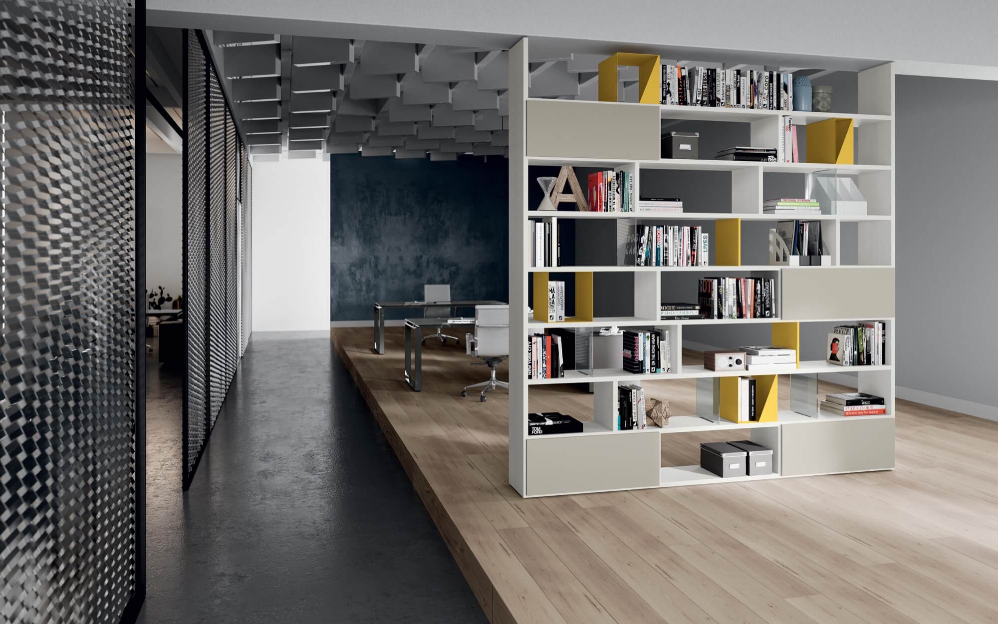 Armadio libreria per archivio documenti in grigio dorian e bianco opaco con vani a giorno cm. 270x45,6 h256 – AM 49