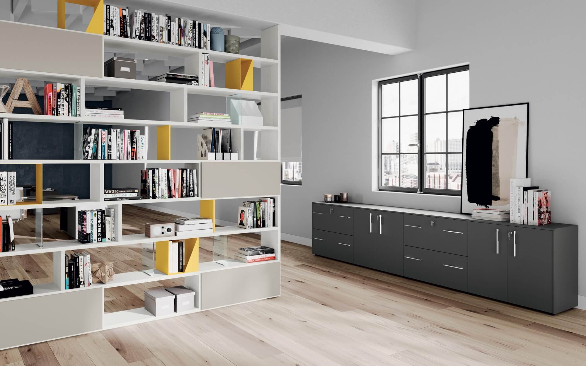 Armadio libreria per archivio documenti in grigio dorian e bianco opaco con vani a giorno cm. 270x45,6 h256 – AM 49