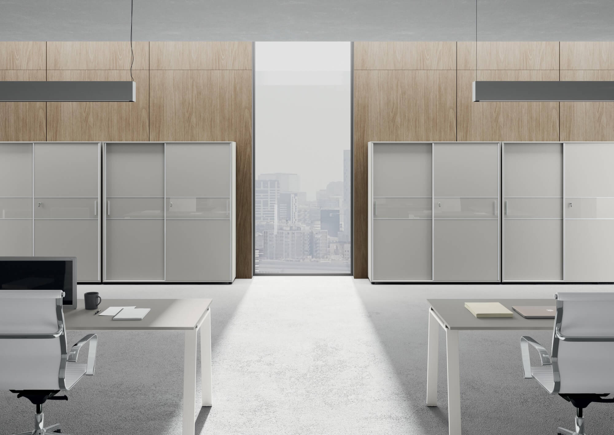 Armadi ante scorrevoli bianco opaco con inserti bianco lucido cm. 360x45,6 h196,5 – AM 56