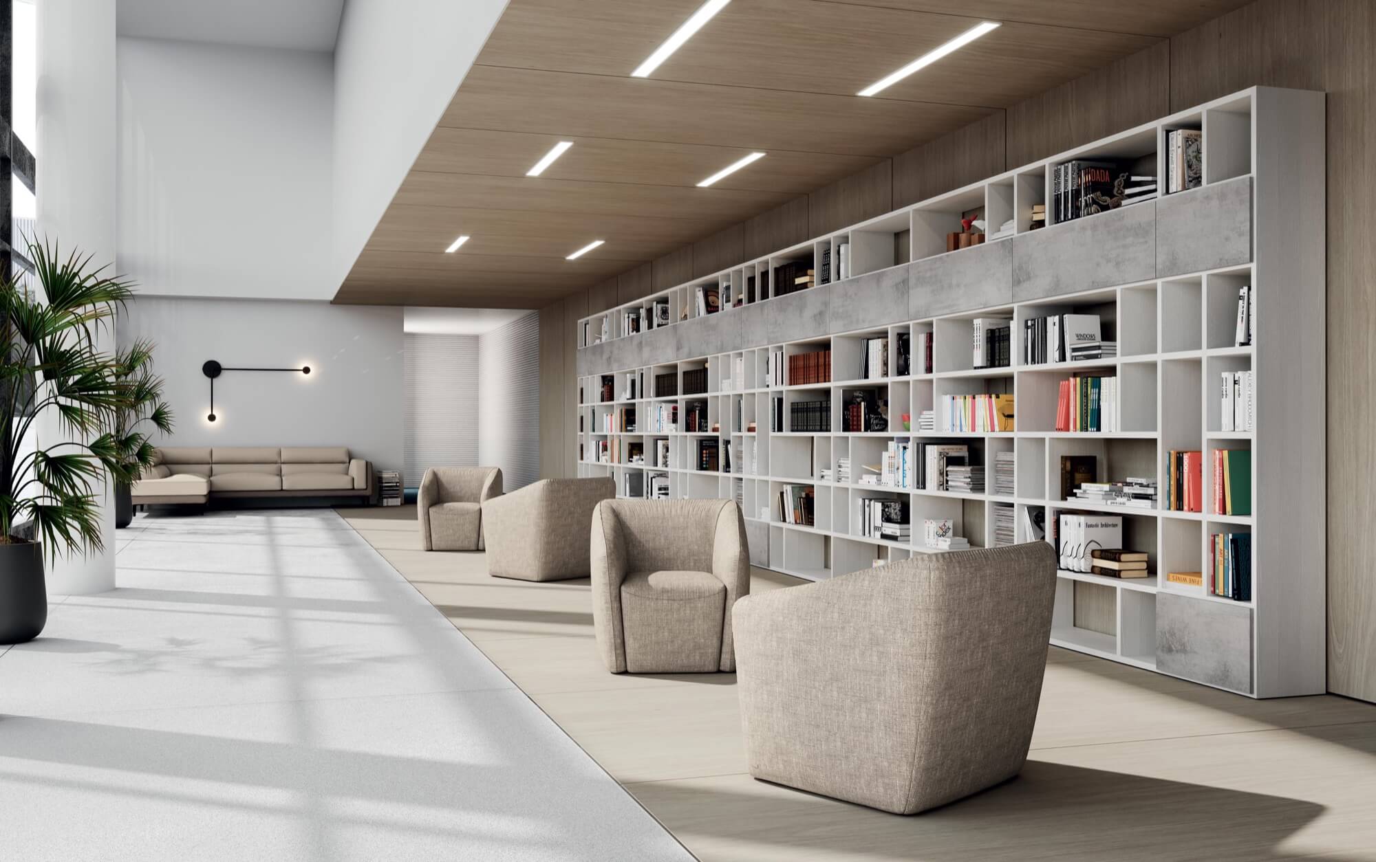 Armadio libreria per archivio documenti bianco e cemento con vani a giorno composizione su misura – AM 62
